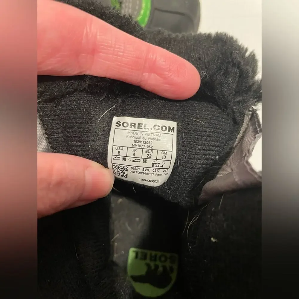 Sorel Brand Kid's Snow Commander Winter Boots Size 5 Lime/ Black Charcoal